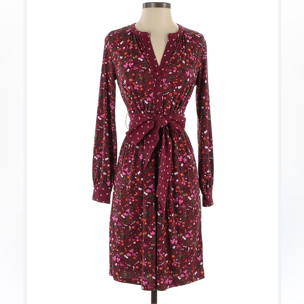 Talbots Floral Print Long Sleeve Belted Stretch Knit Burgundy Shirt Dress Large